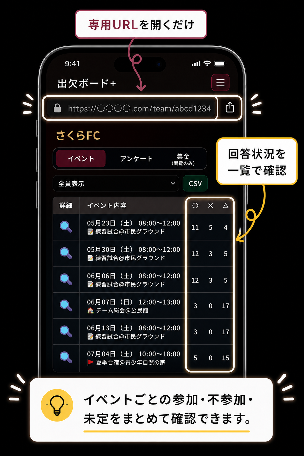 メンバー側の出欠登録画面