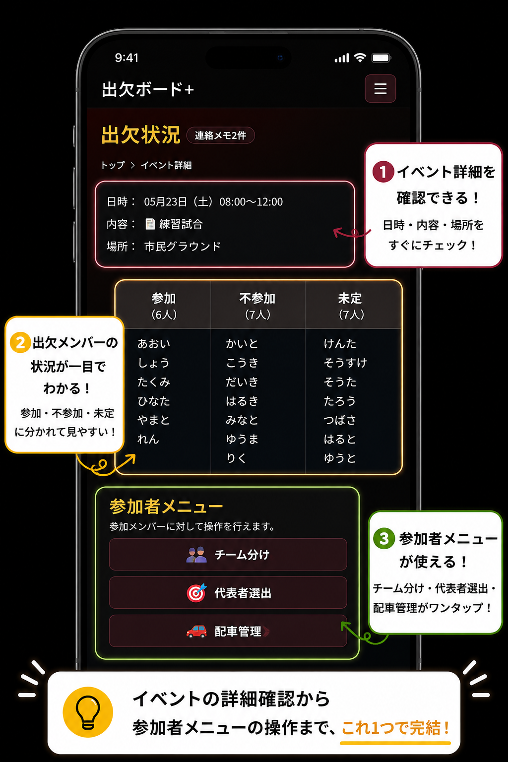 メンバー側の出欠状況画面