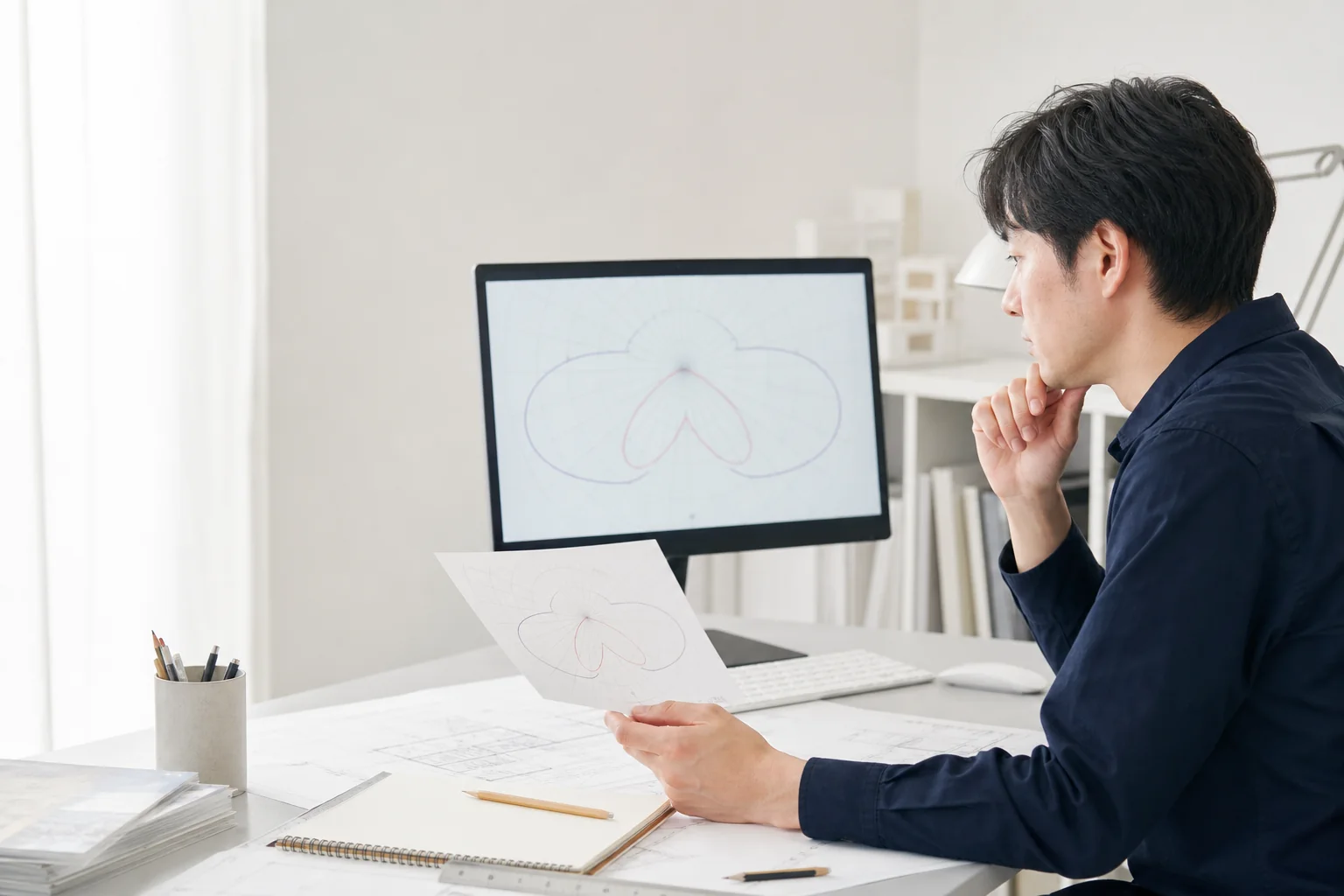 紙とパソコンに表示した2D配光曲線を見比べる会社員