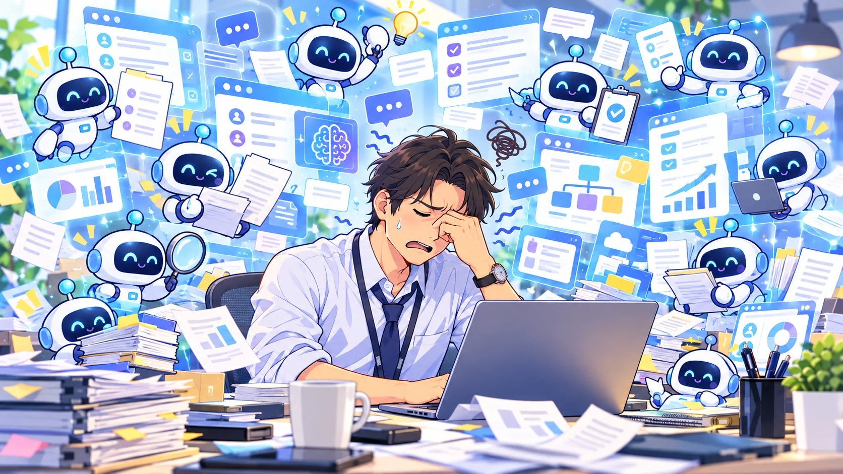 多数のAIアシスタントに囲まれ、入力作業に疲れている人のイラスト