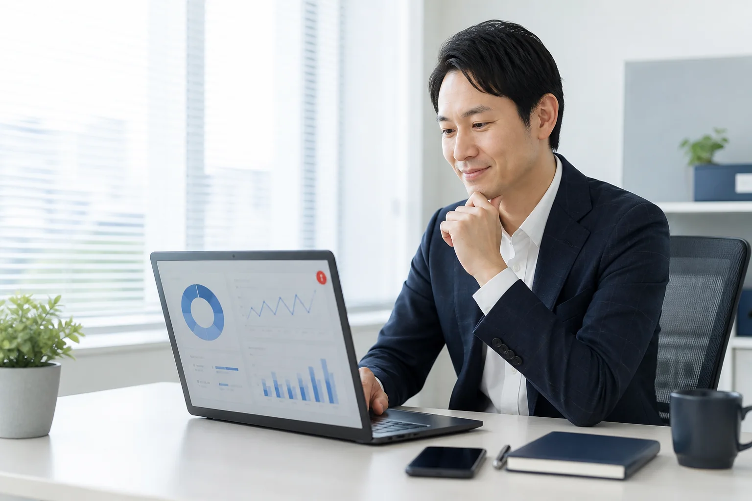 自動集計された画面を確認しながら余裕を持って仕事をする会社員
