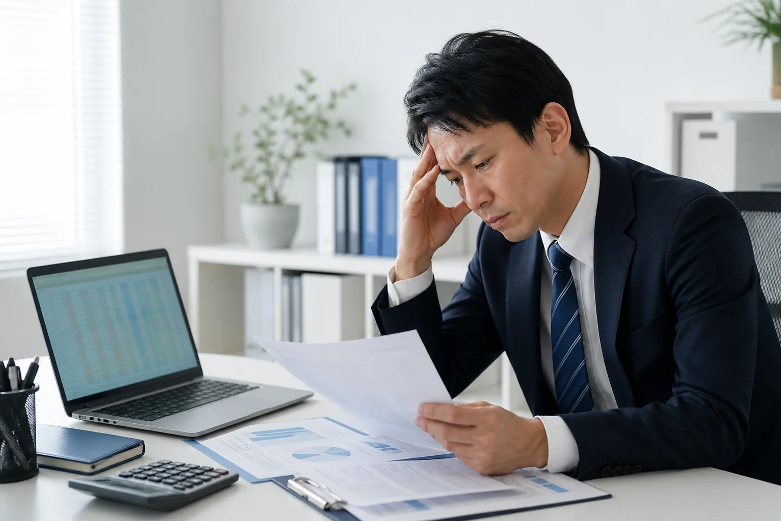 毎月の集計表と書類を確認しながら繰り返し作業を見直す会社員