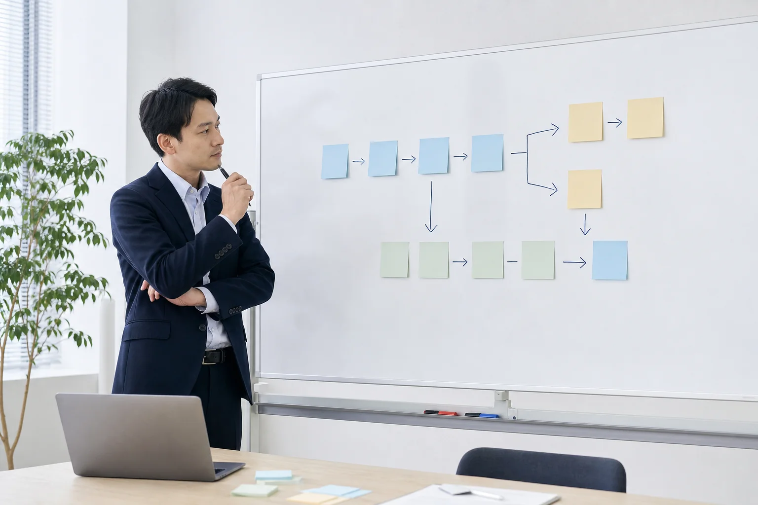 ホワイトボードで繰り返し作業の流れを整理する会社員