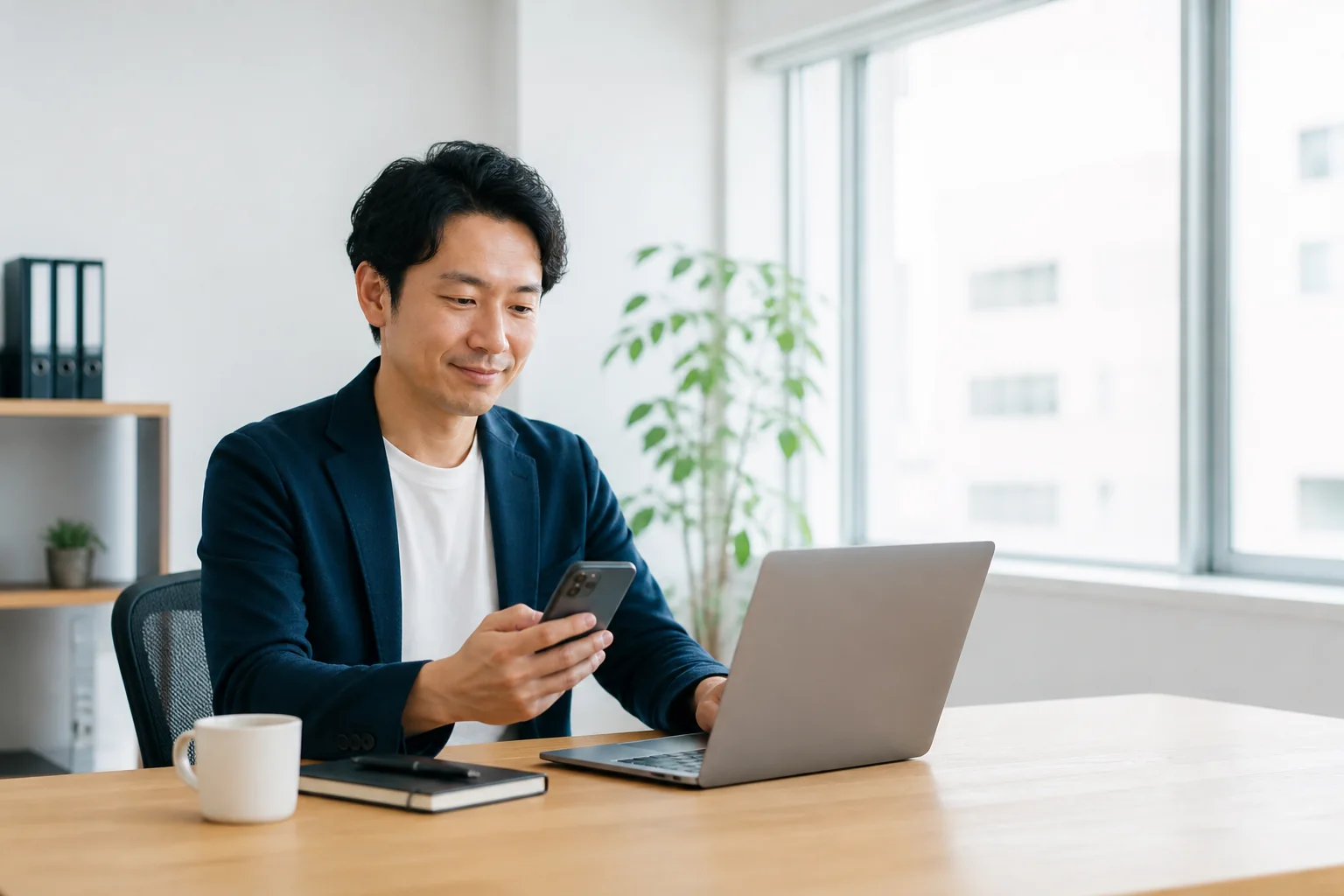 業務整理後にパソコンとスマートフォンで落ち着いて作業する担当者
