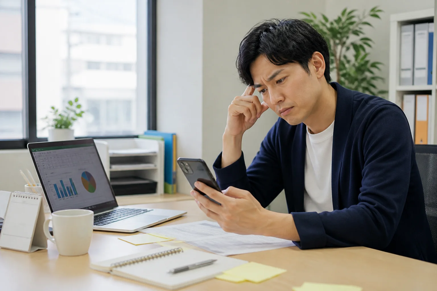 パソコン、スマートフォン、書類を前に業務の進め方を考える担当者