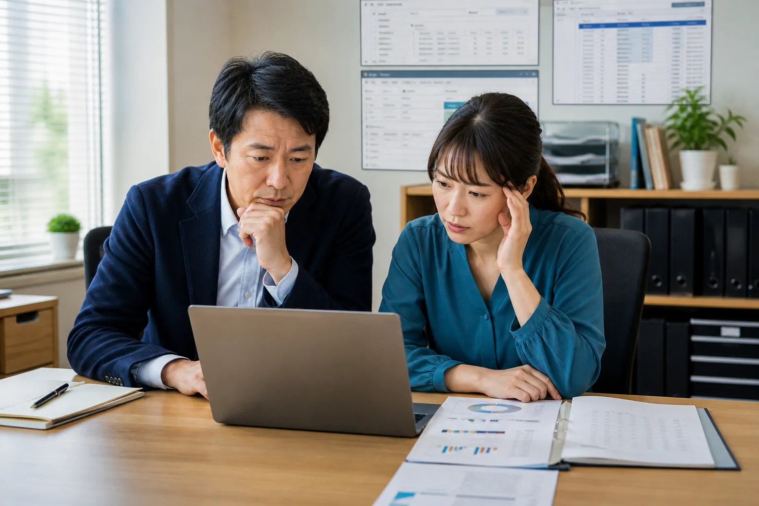 見積を出した案件の現在の進捗をPCで確認する上司と営業担当者