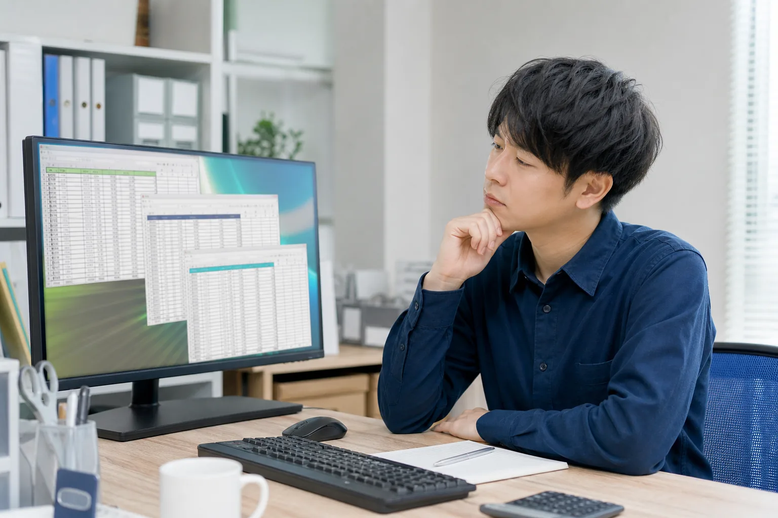 複数の顧客管理Excelを見比べ、どれが最新か確認する中小企業の担当者
