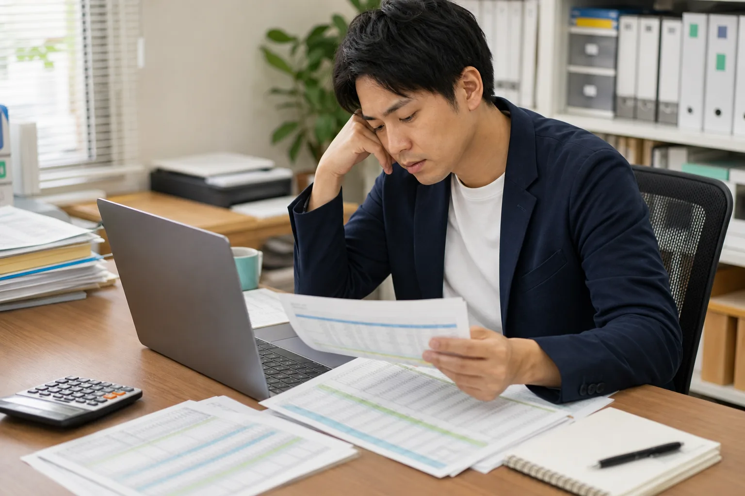 月末に複数のExcelと報告資料を確認しながら集計する担当者