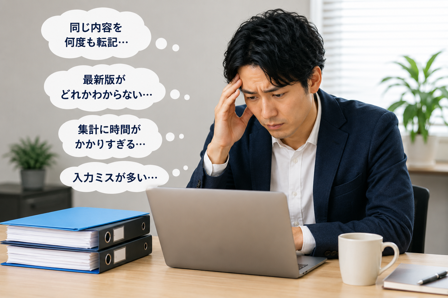 Excel管理の転記や集計、入力ミスに悩みながらパソコンで作業する担当者