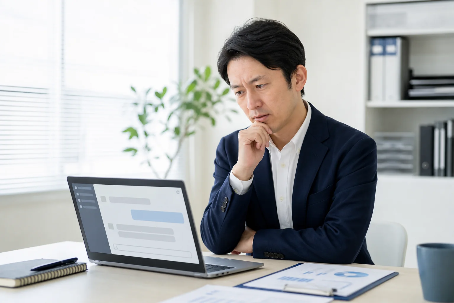 パソコンの生成AI画面を見ながら仕事での使い方を考える会社員
