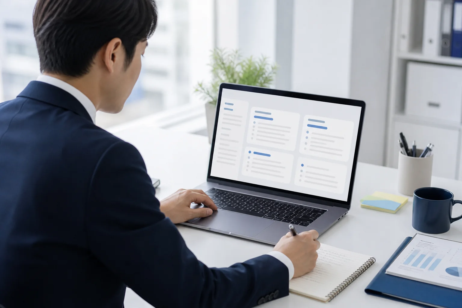 生成AIの回答を見ながらメールや要約などの作業を整理する会社員