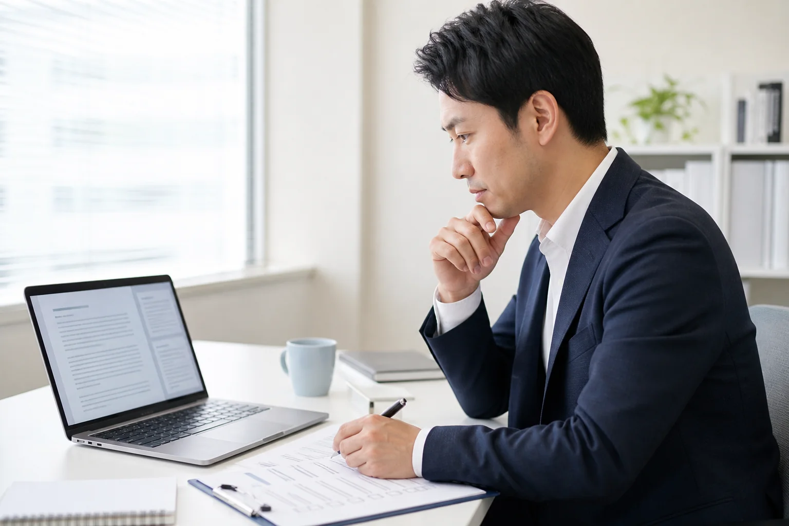 生成AIが作った文章を資料と照らし合わせて確認する会社員