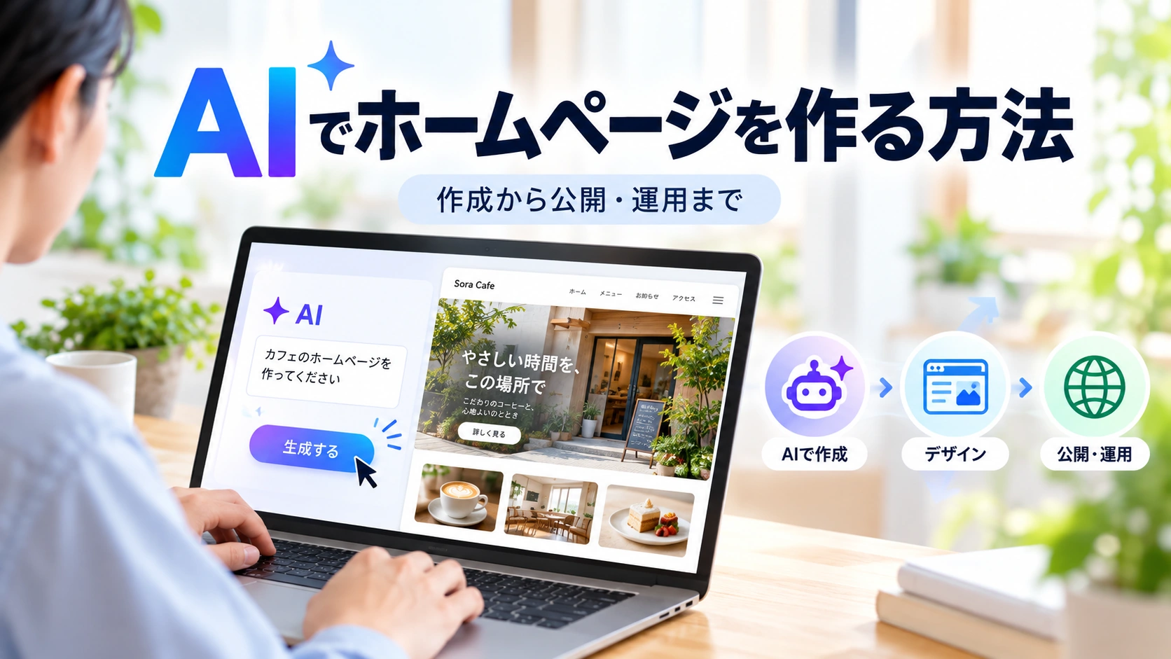 AIを使ってカフェのホームページを作成し、デザインから公開・運用まで進めるイメージ