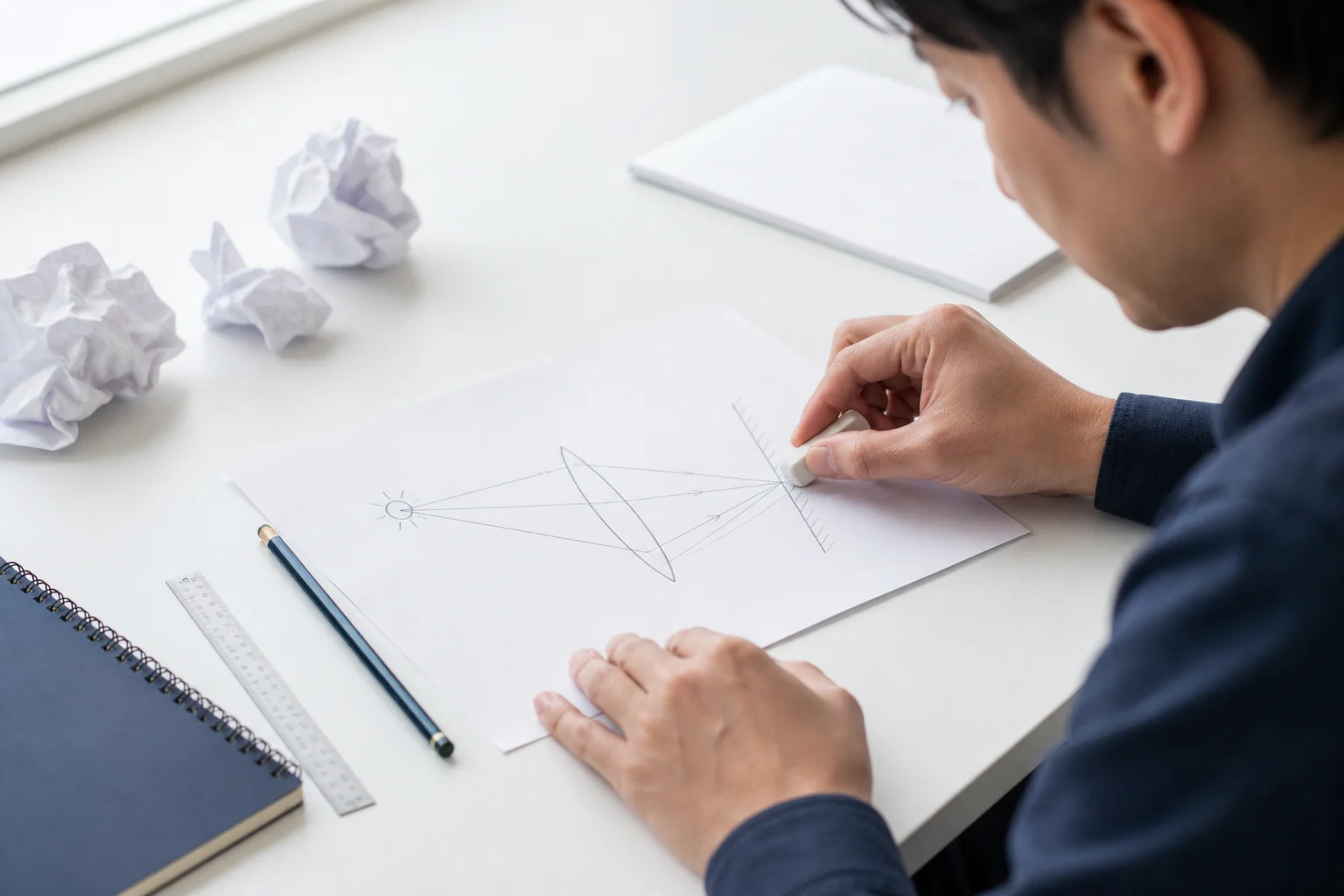 紙に光源・レンズ・反射板と光線を描き、消しゴムで修正しながら考える人物