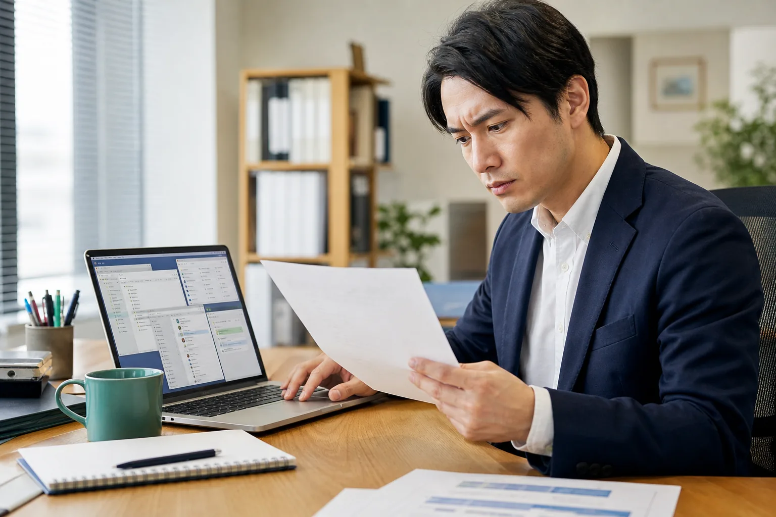 共有フォルダやメールを開きながら必要な資料を探す担当者