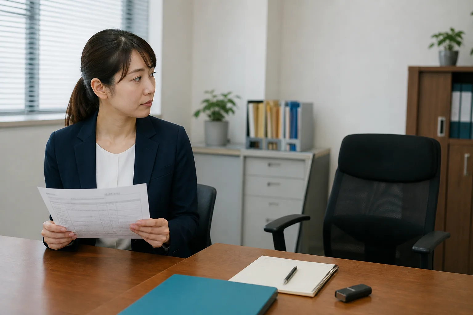 紙の申請書を持ち、承認者が不在の机を見て待つ担当者