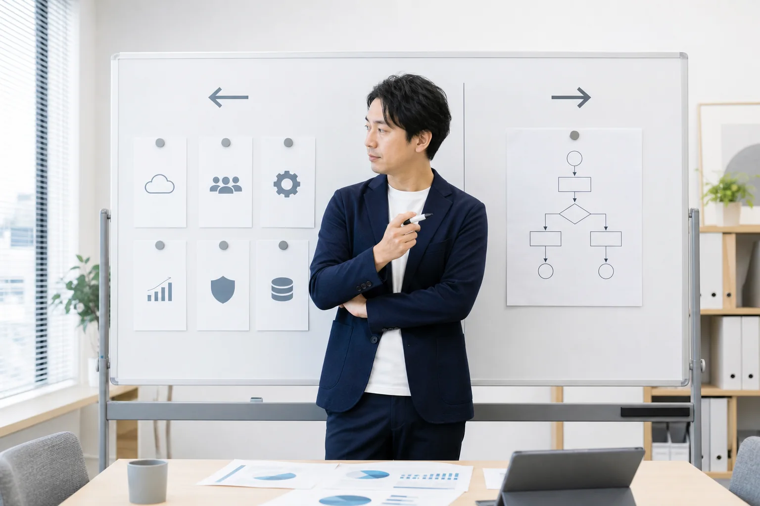 既製ツールと専用Webアプリの特徴をホワイトボードで比較する担当者
