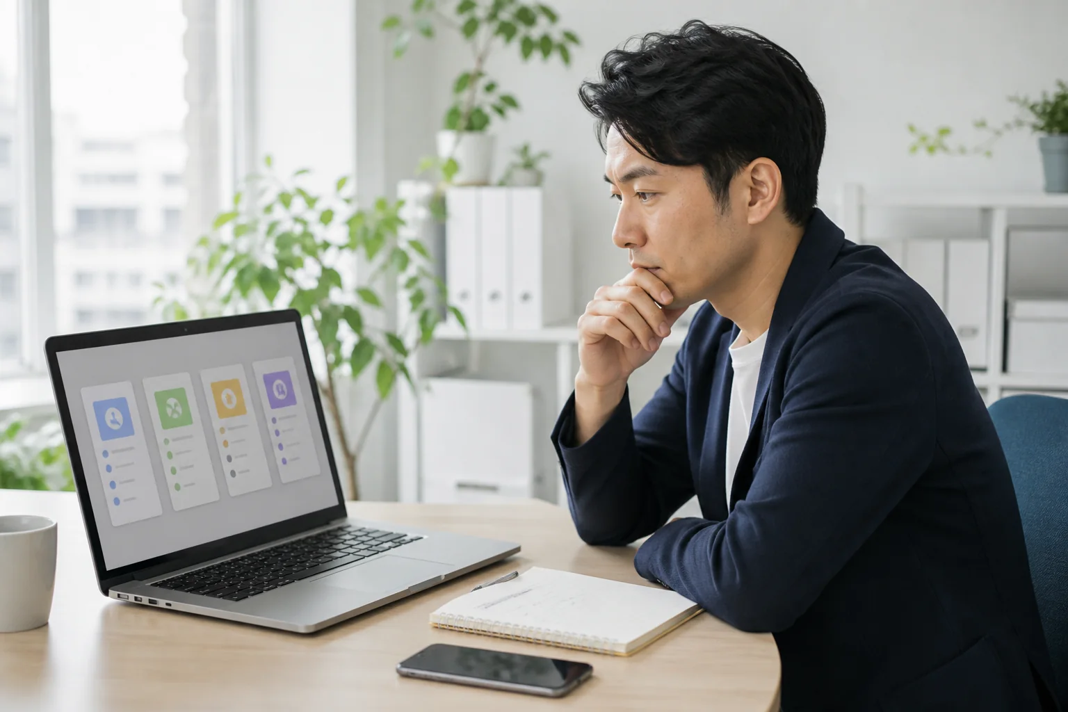 複数の業務ツール候補をパソコンで比較する担当者