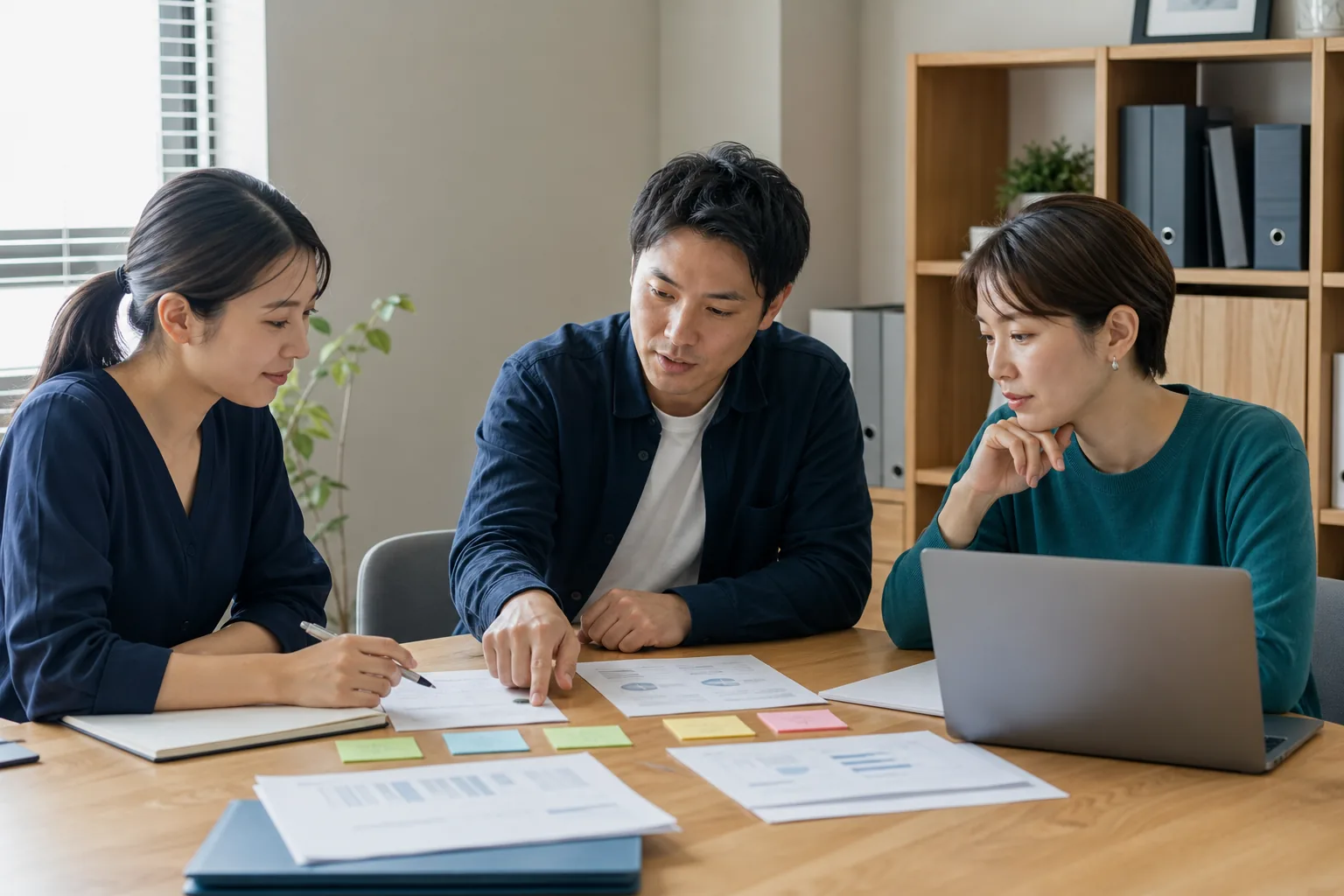 複数の担当者が付箋と資料を使って仕事の流れを整理する様子