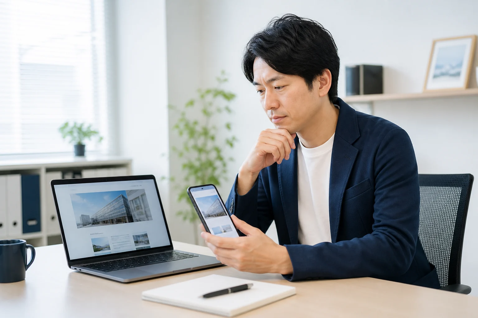 ノートパソコンとスマートフォンで同じホームページを見比べる小規模事業者