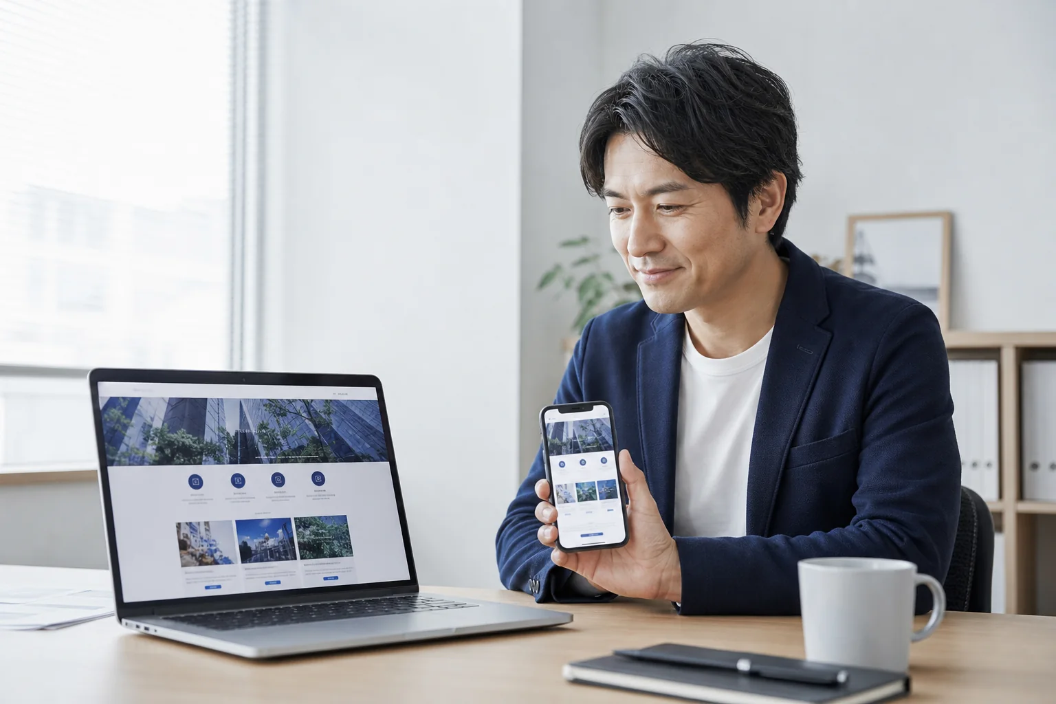 パソコンとスマートフォンで改善後のホームページを確認する事業者