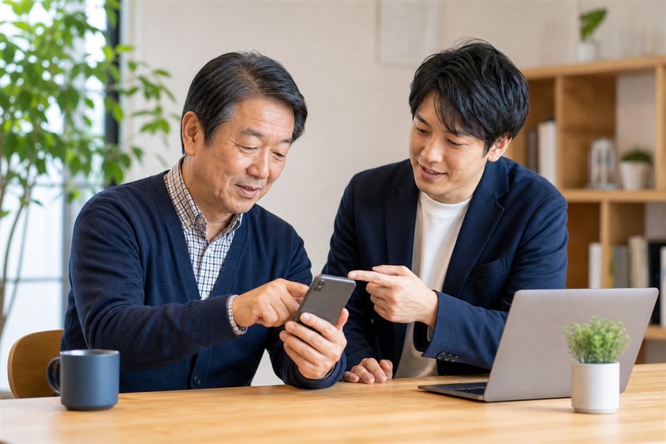 スマートフォンの操作を一緒に確認するITサポートの様子